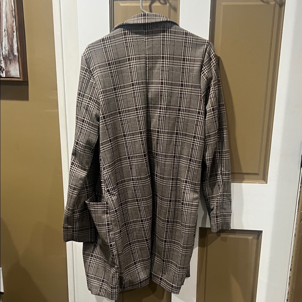 Philosophy Brown Black Plaid Long Blazer Jacket - Picture 4 of 7